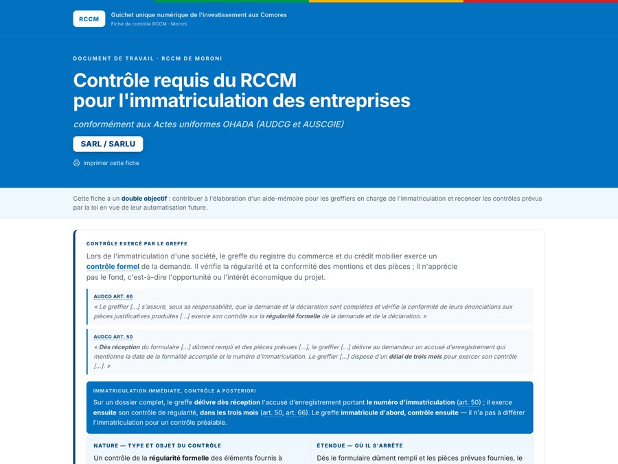 Comores, the registry checklist