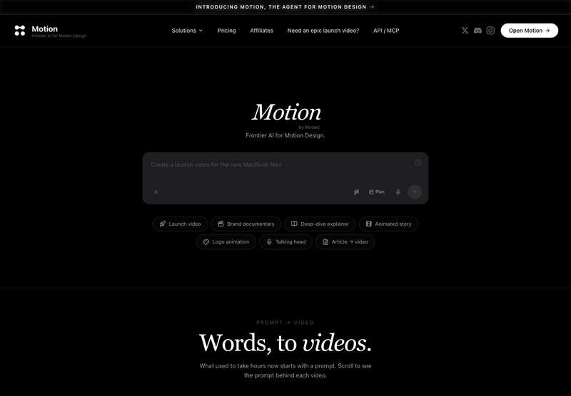 The motion.so homepage, text to motion-design video