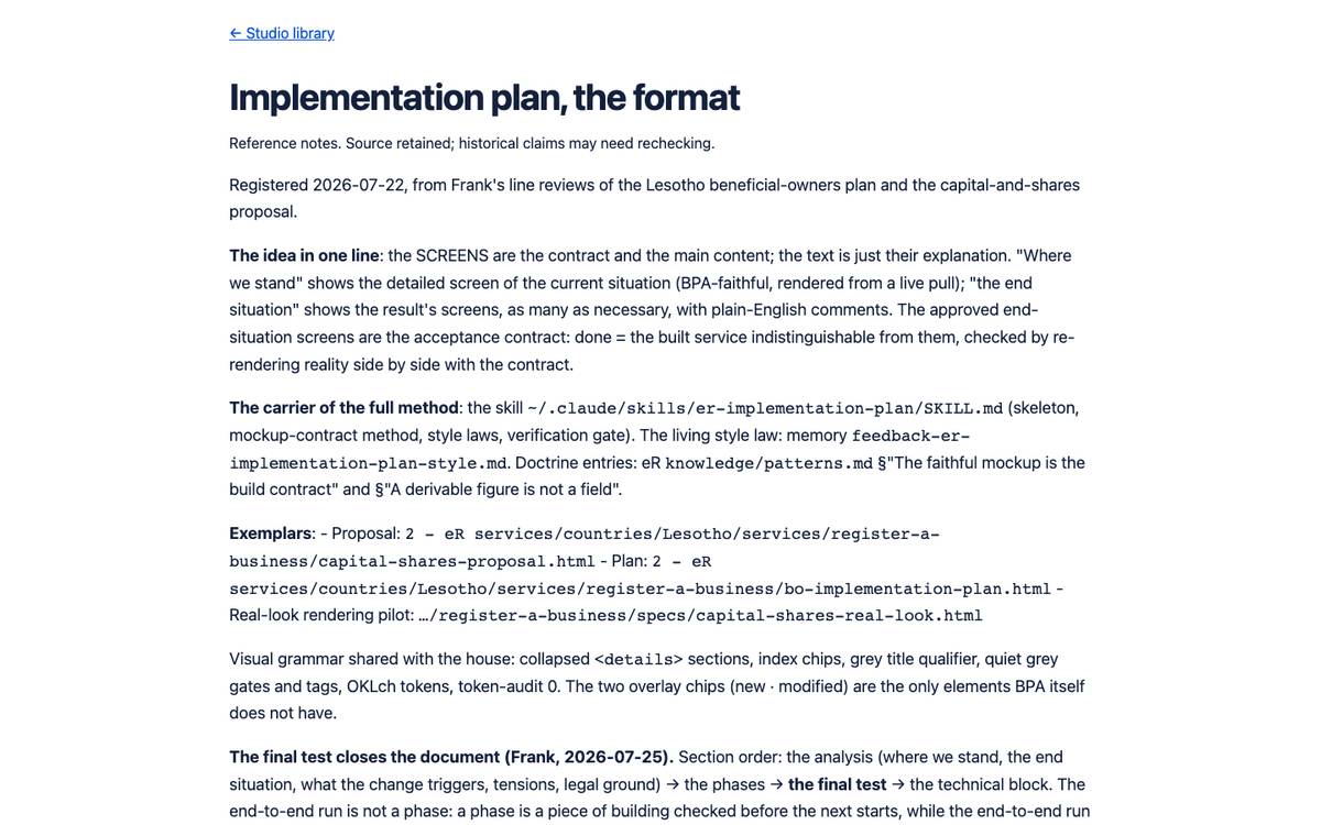 Implementation plan, the format