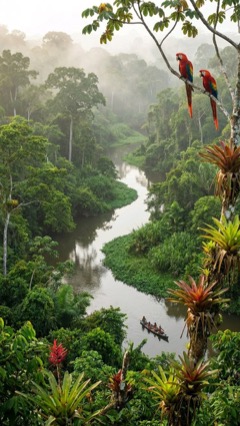 Guacamayas sobre un río de selva