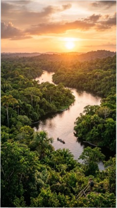 Río serpenteando por la selva al atardecer