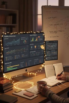 Tablero en un escritorio cálido con luces