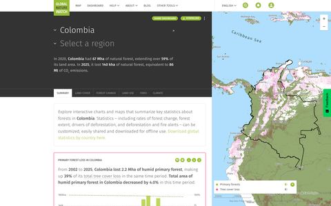 Global Nature Watch: tablero de Colombia con el mapa de pérdida de bosque