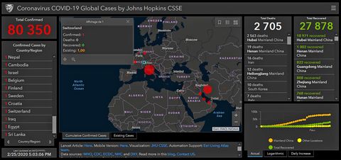 Tablero COVID de Johns Hopkins, captura del 25 de febrero de 2020