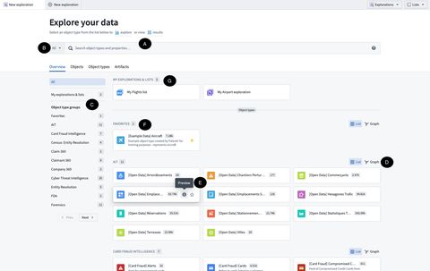 Palantir Object Explorer: tipos de objeto con su cantidad