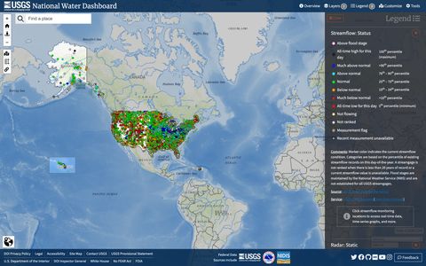 USGS National Water Dashboard: estaciones de caudal con leyenda por percentil