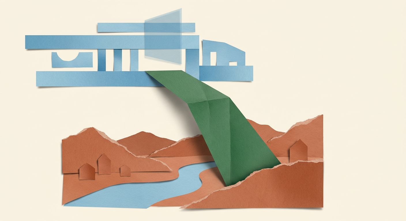 Paper collage scene with a folded green bridge