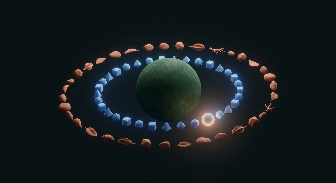 A green planet with two rings of shapes crossing at a glowing point