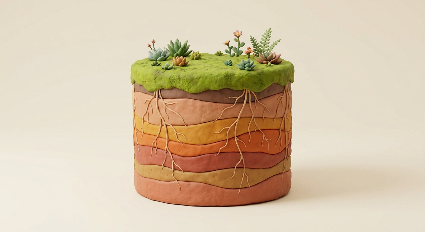 A clay cylinder of earth strata with roots and a living green top
