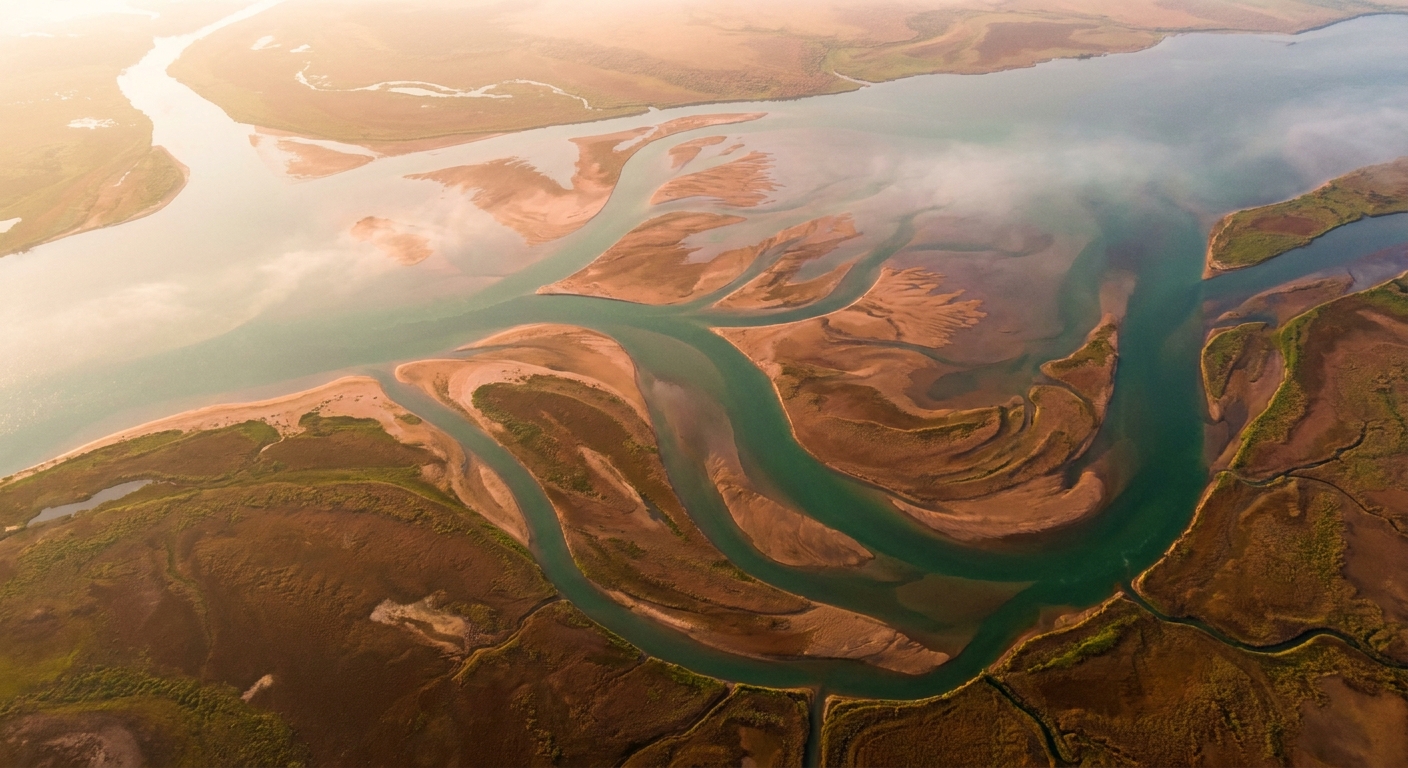 Aerial view of a river delta branching across warm land