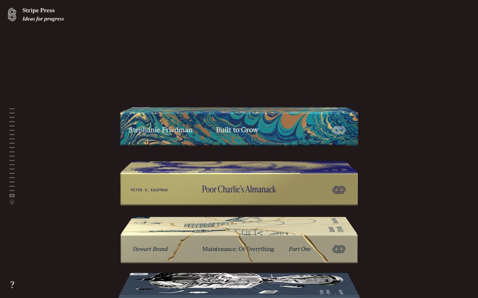 Stripe Press: books stacked vertically as physical objects