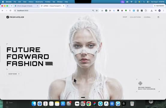 Finished Prism Atelier site, Future Forward Fashion headline over a futuristic woman, running on localhost
