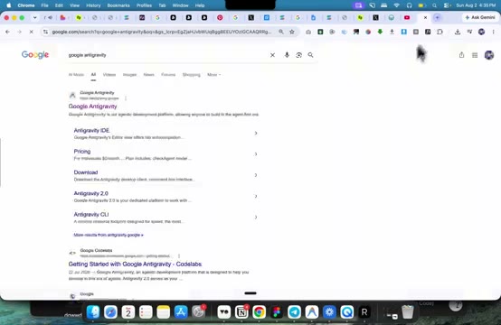 Google search results for Google Antigravity, the free code editor