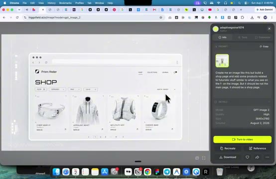 The shop page generated as an image by GPT Image 2, four futuristic products in a clean UI