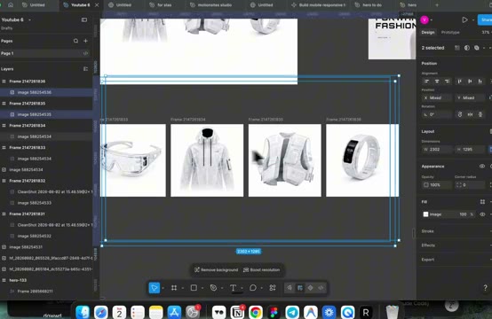 Figma with four square frames, one product each, backgrounds being removed for PNG export
