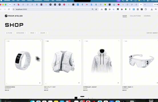 The finished shop page live, four white futuristic products with prices, filters and cart