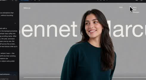 A woman standing on top of a page, overlapping its giant letters