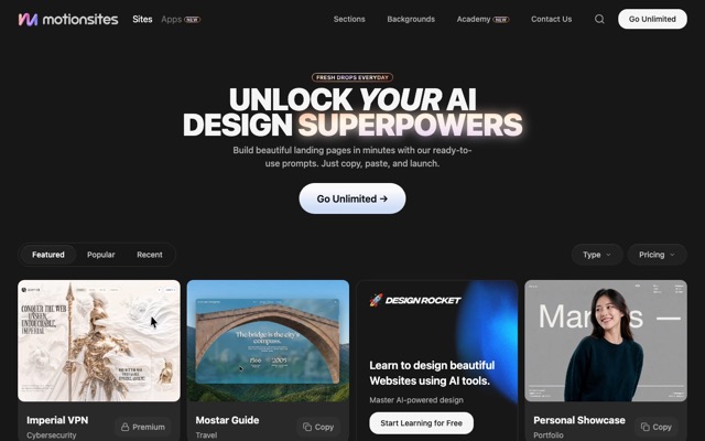 The motionsites.ai homepage, a catalog of motion website prompts