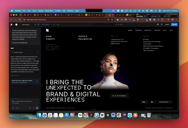 On load: the portrait hero settles once, then stays still