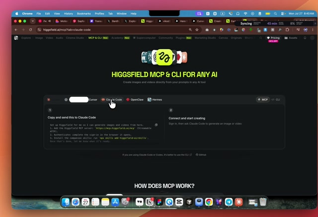higgsfield.ai/mcp page, Claude Code tab, setup block to copy