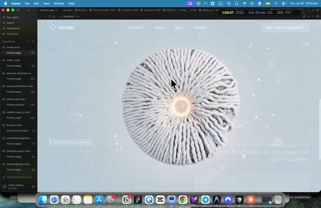 A finished animated site, a white coral-like 3D form on a light blue background, open in Cursor's preview