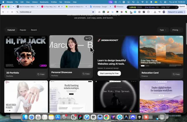 motionsites.ai prompt gallery, cards named Hi I'm Jack, Marcus Personal Showcase, Design Rocket, Relocation Card