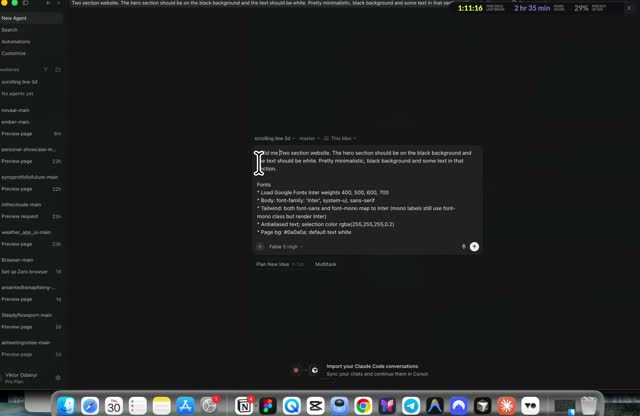 Cursor chat panel, a two-section website prompt typed in, model selector open on Fable 5 high