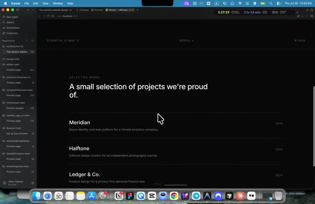 First build result, a dark two-section page with the line A small selection of projects we're proud of