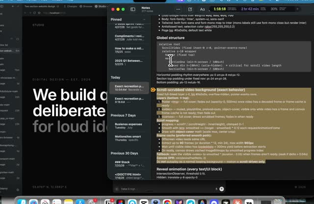 A notes app open with a written spec titled Scroll-scrubbed video background, exact behavior, listing decode, cache and scroll-mapping steps