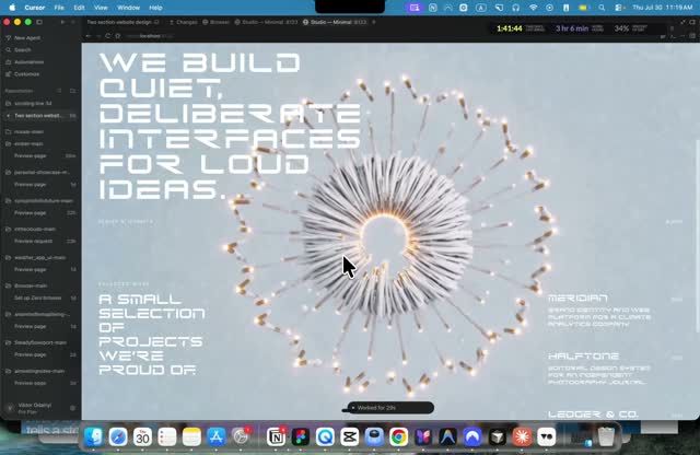 Finished hero, large text reading We build quiet, deliberate interfaces for loud ideas, over the glowing coral video