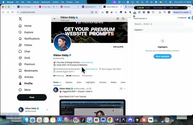 Viktor Oddy's X profile, 66.8K followers, bio reads Founder at Design Rocket, motionsites.ai