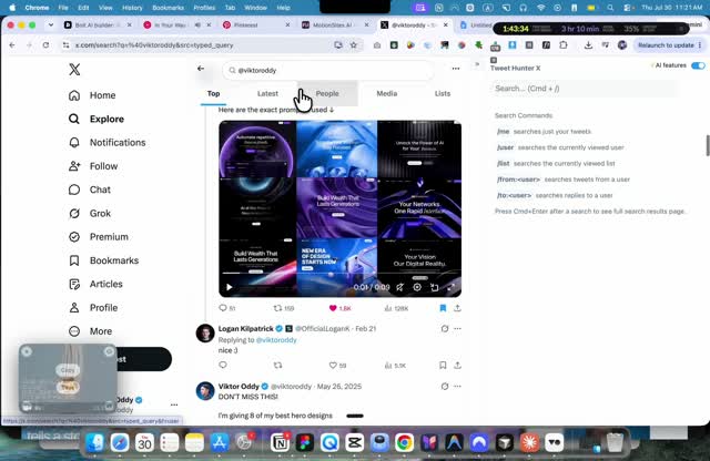 An X search results grid of posts referencing viktoroddy, one reply from Logan Kilpatrick